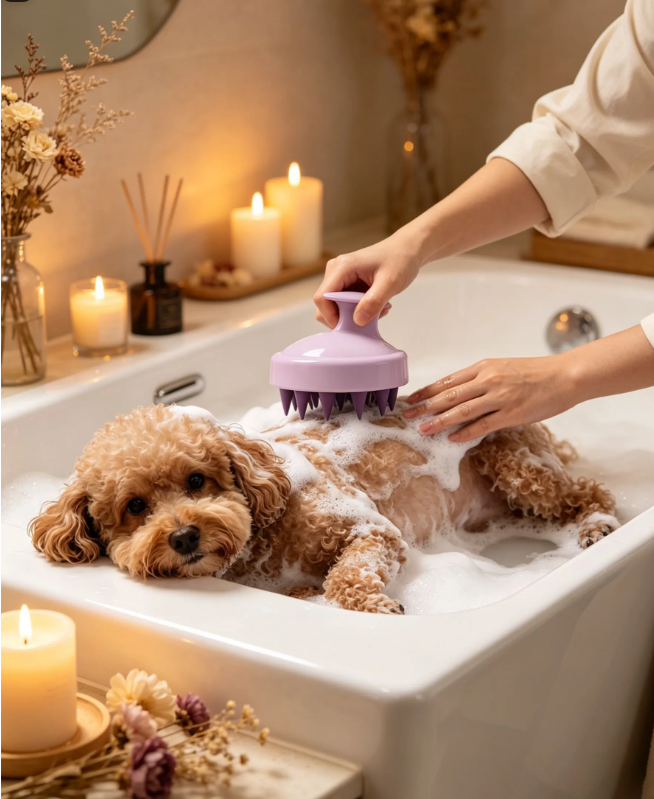 Pet Dog Bath Massage Brush, Soft Silicone Shampoo Scrubber Comb with Handle, Gentle Scalp Grooming Tool for Dog Shower Cleaning