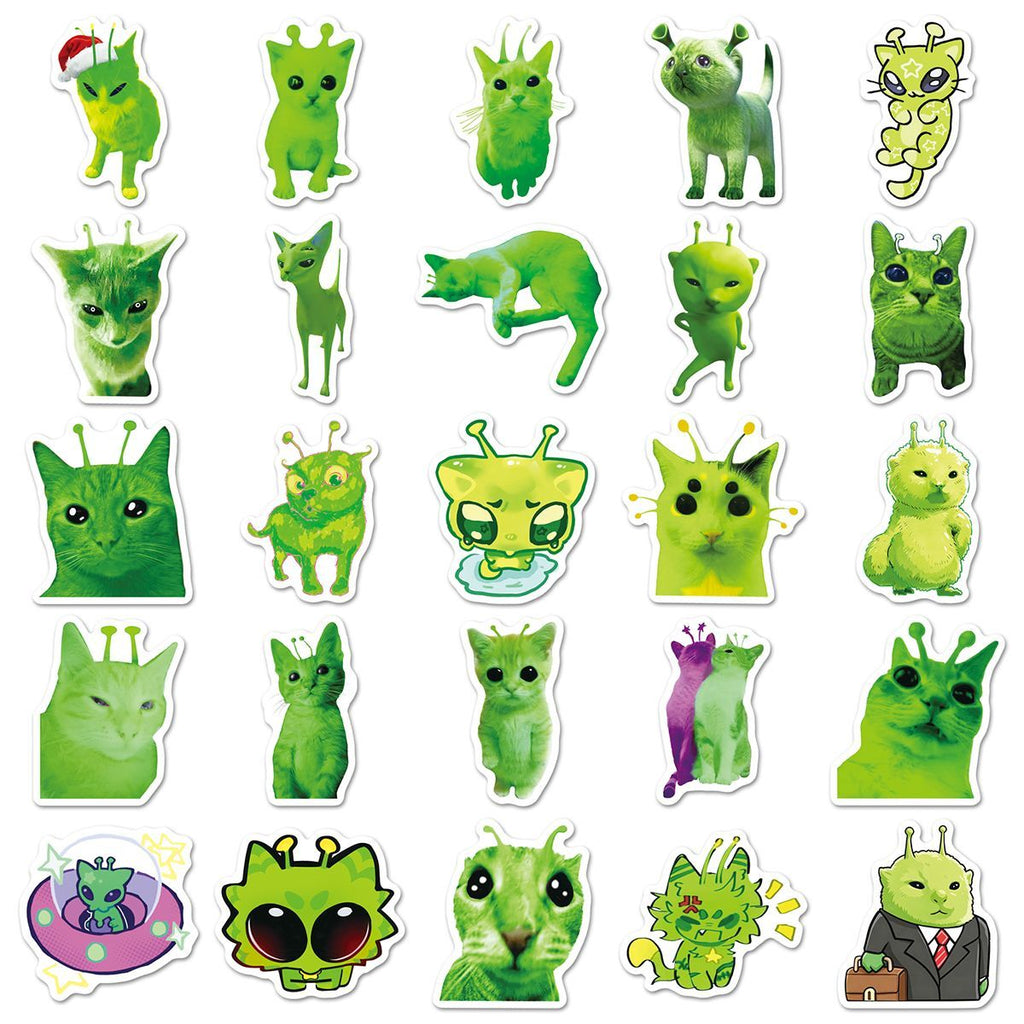 50 abstract alien little green cat stickers