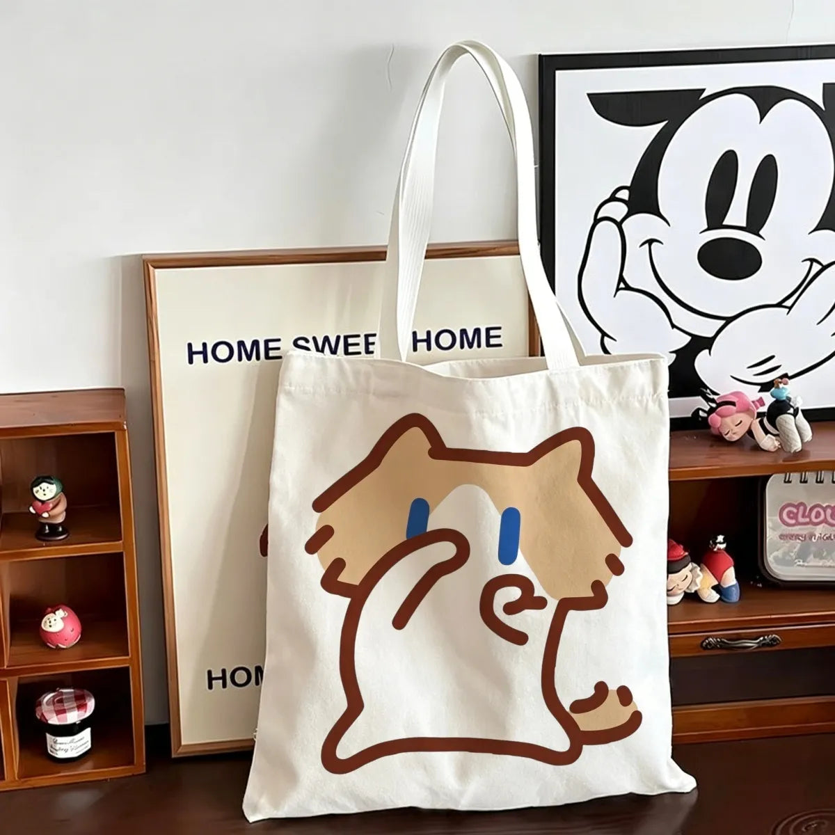 Monthly salary: Meow canvas bag, lightweight, lazy, funny, emoji bag, large capacity tote bag, cute, one shoulder canvas bag for class