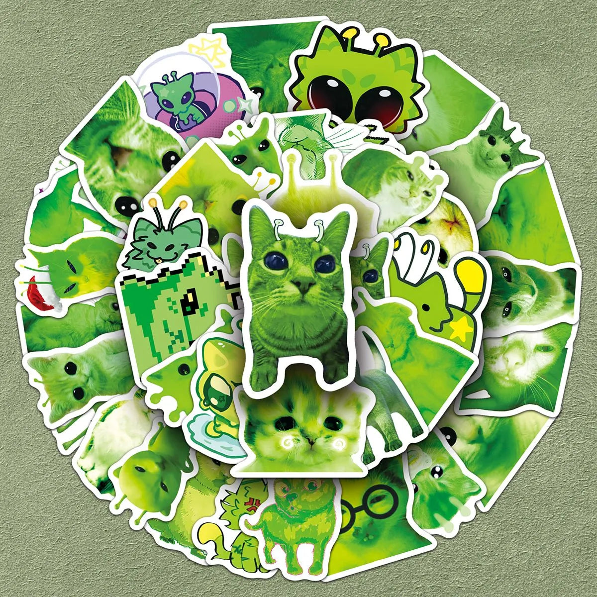 50 abstract alien little green cat stickers