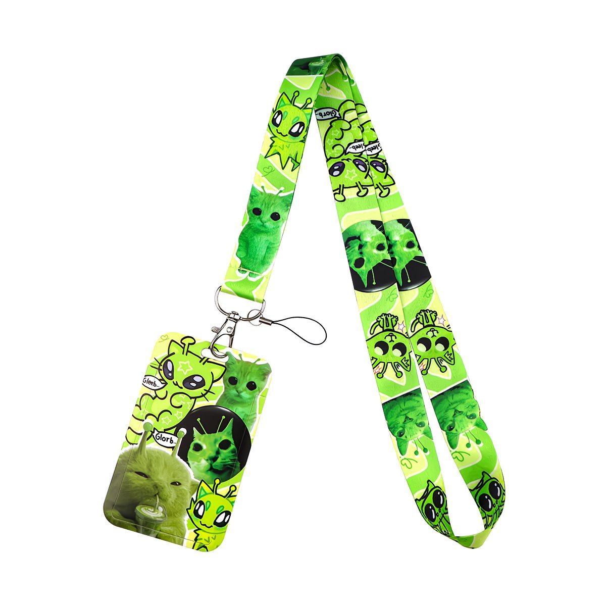 Green Alien Cat Card Holder With Phone Strap